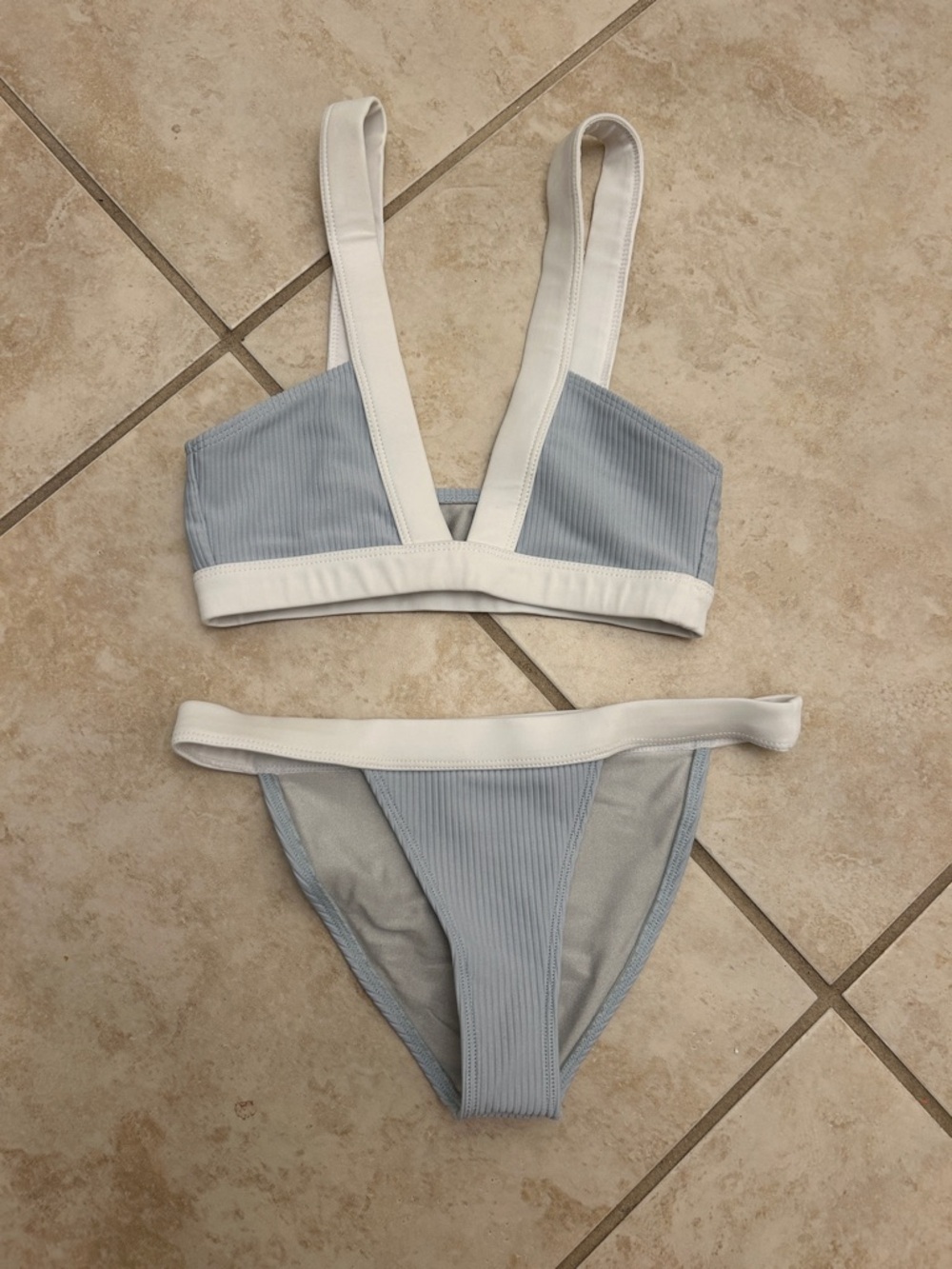 Revolve Tularosa Light Blue Ribbed Bikini Set with White Trim